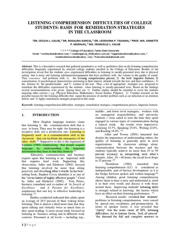 Listening Comprehension Issues in College | PDF | Reading Comprehension ...