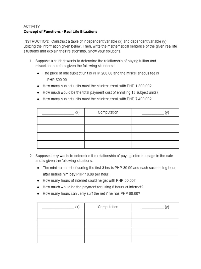 Concepts of Functions Real Life Situations PDF
