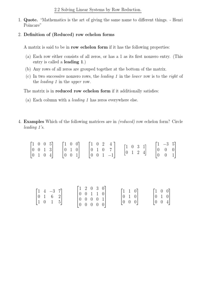 Row Reduction in Linear Algebra | PDF | System Of Linear Equations ...
