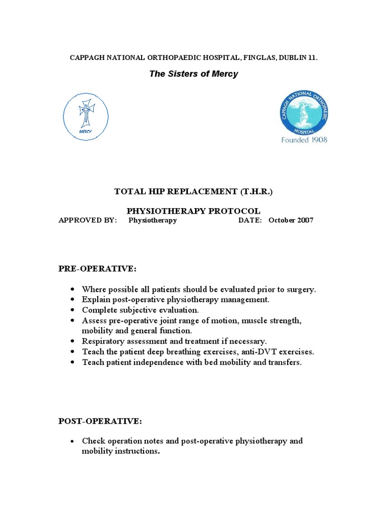 Total Hip Replacement Protocol Oct 07 PDF Physical Therapy Surgery