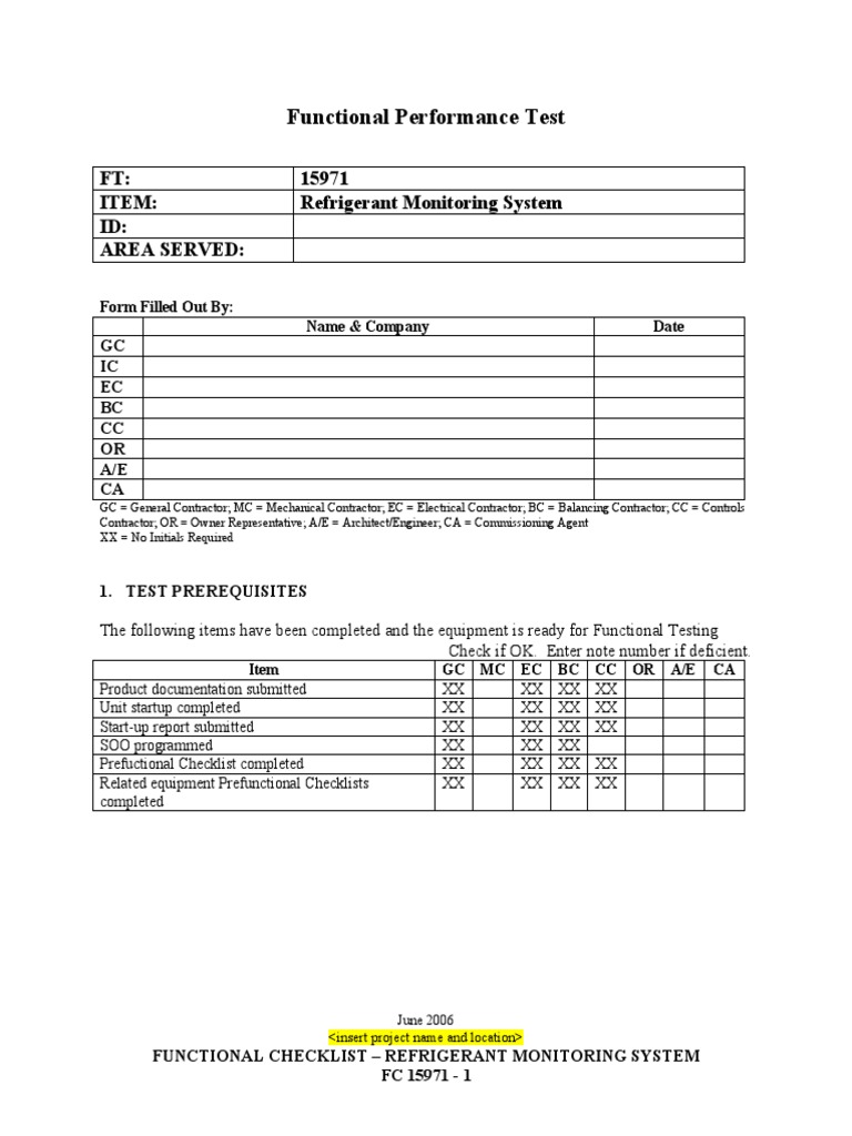 Functional Performance Test: FT: 15971 Item: Refrigerant Monitoring ...