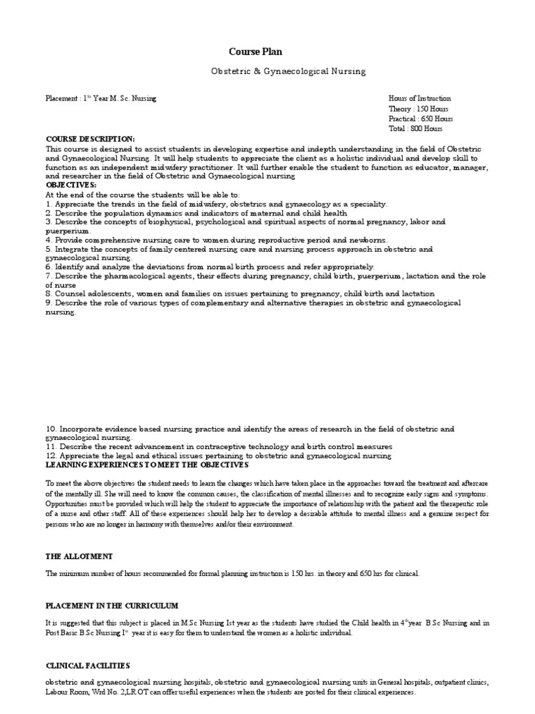 Course Plan: Obstetric & Gynaecological Nursing | PDF | Nursing ...