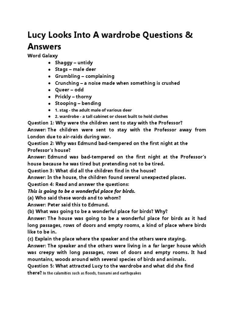 Lucy Looks Into A Wardrobe Questions | PDF
