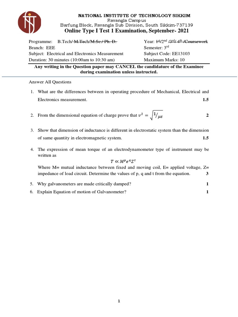 EE13103 ELECTRICAL AND ELECTRONICS MEASUREMENT ONLINE Test Type I Test ...