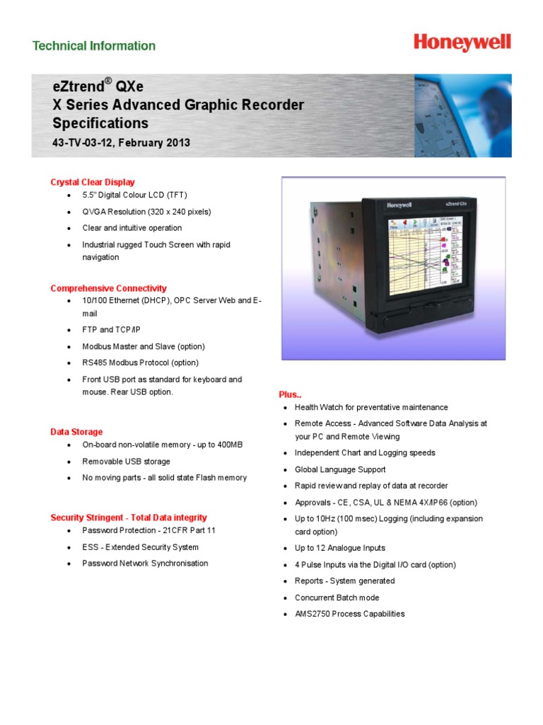 Eztrend Qxe X Series Advanced Graphic Recorder Specifications PDF