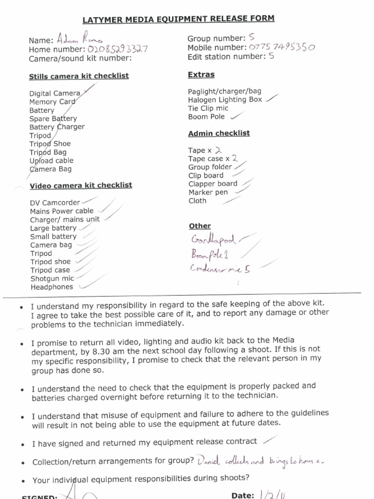 Equipment Release Form | PDF | Recording Devices | Photography Equipment