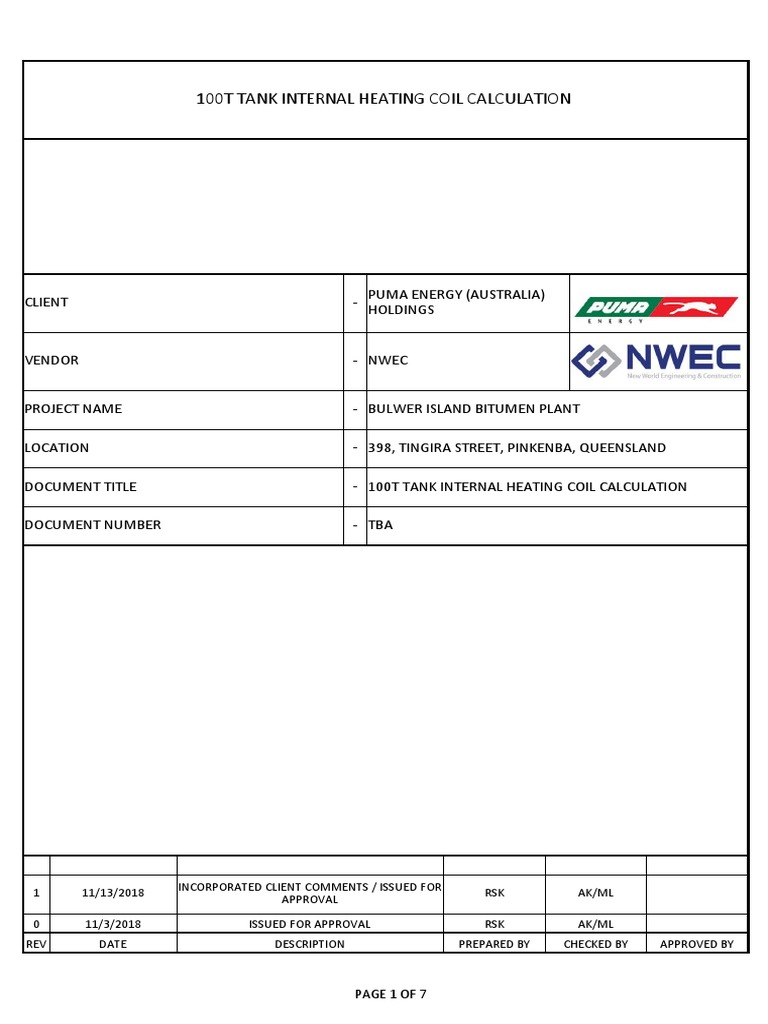 100T Tank Heating Coil Design Calculation | PDF | Pipe (Fluid ...