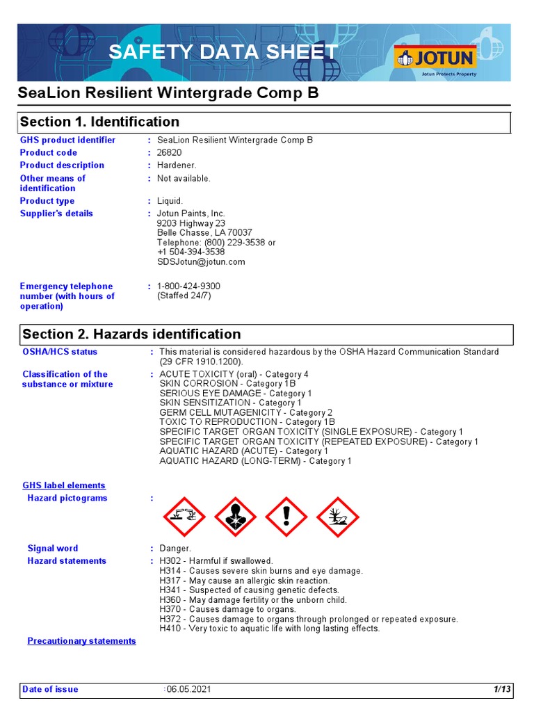 Safety Data Sheet Sealion Resilient Wintergrade Comp B PDF Toxicity Workplace