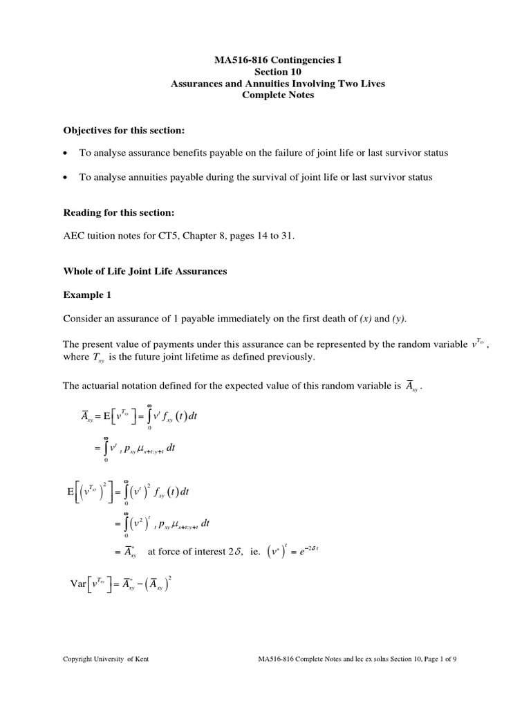 MA516-816 Contingencies I Section 10 Assurances and Annuities Involving ...