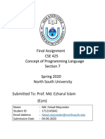 Final Assignment CSE 425 Concept of Programming Language Section 7 Spring 2020 North South University Submitted To: Prof. Md. Ezharul Islam (Ezm)