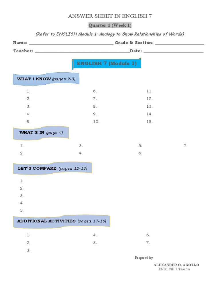 English 7 Quarter 1 Answer Sheet | PDF