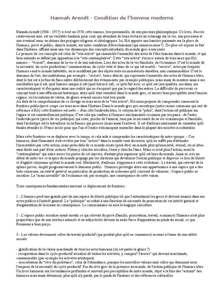 Hannah Arendt Condition de l'homme moderne Hannah Arendt Sciences philosophiques