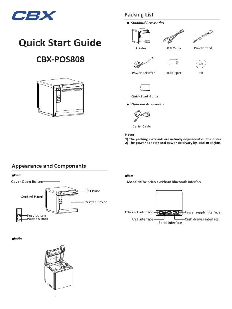 CBX-POS808 Printer Quick Start Guide | PDF | Wi Fi | Bluetooth