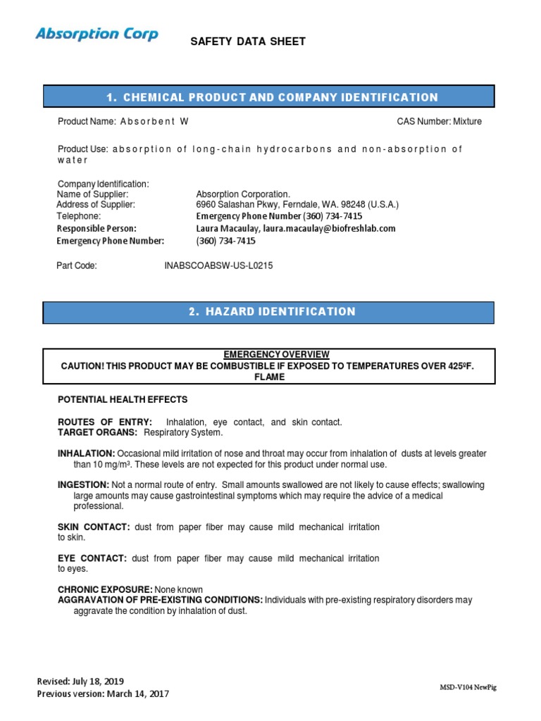 Absorbent W Safety Data Sheet | PDF | Hygiene | Waste Management