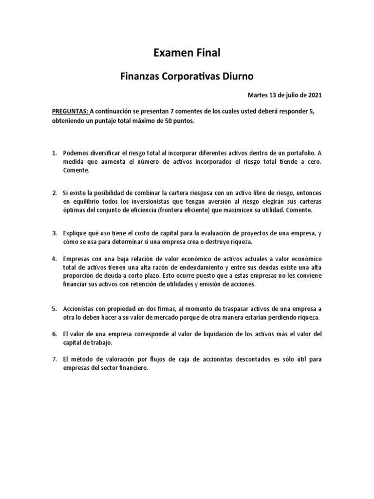 Examen Final de Finanzas Corporativas | PDF | Deuda | Economía Financiera