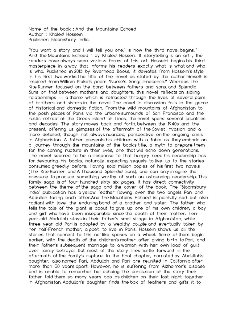 And The Mountains Echoed by Khaleed Hosseini Book Review | PDF | Poetry ...