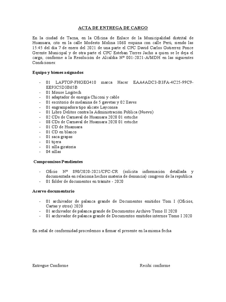 Acta de Entrega de Cargo Municipal | PDF | De entrada y salida | Equipo ...