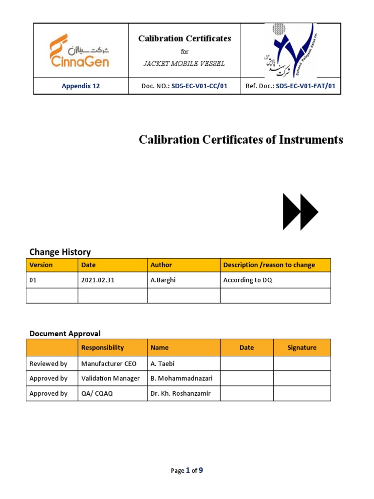 Calibration Certificates of Instruments PDF Calibration Data