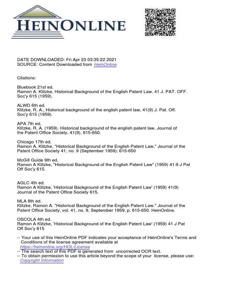 History Of English Patent Law Pdf Patent Invention