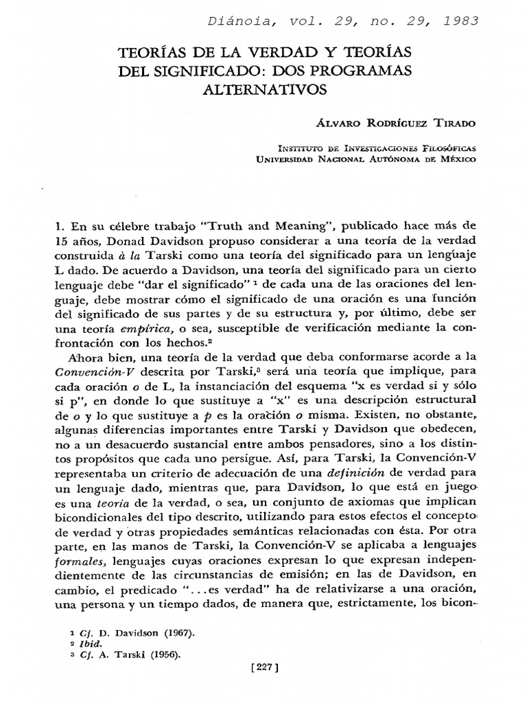 Teorías De La Verdad Y Teorías Del Significado Pdf Verdad Teoría