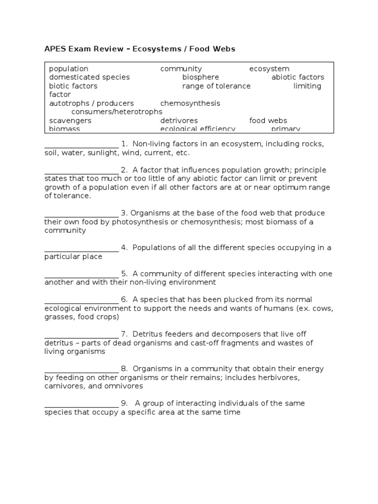 APES Exam Review Ecosystems, Food Webs PDF Food Web Ecosystem