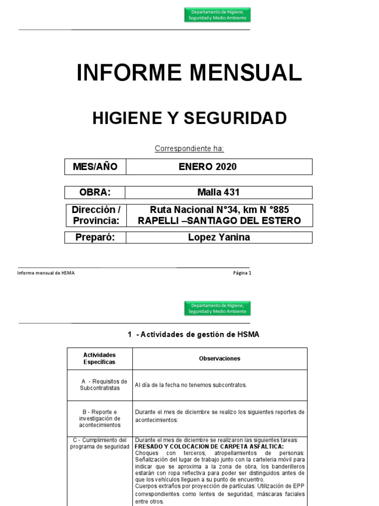 Informe Mensual de Higiene y Seguridad | PDF