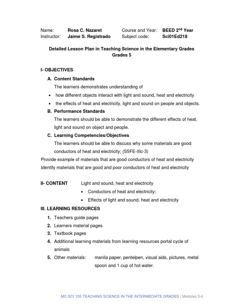 Lesson Plan in Science FINALS PDF Electrical Conductor Electrical Resistivity And Conductivity