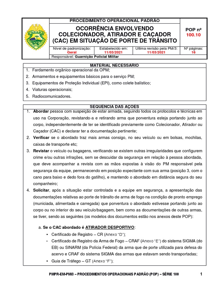 POP  Ocorrencia Envolvendo Colecionador, Atirador e Cacador (CAC) em  Situacao de Porte de Transito | PDF | Tráfego | Caça