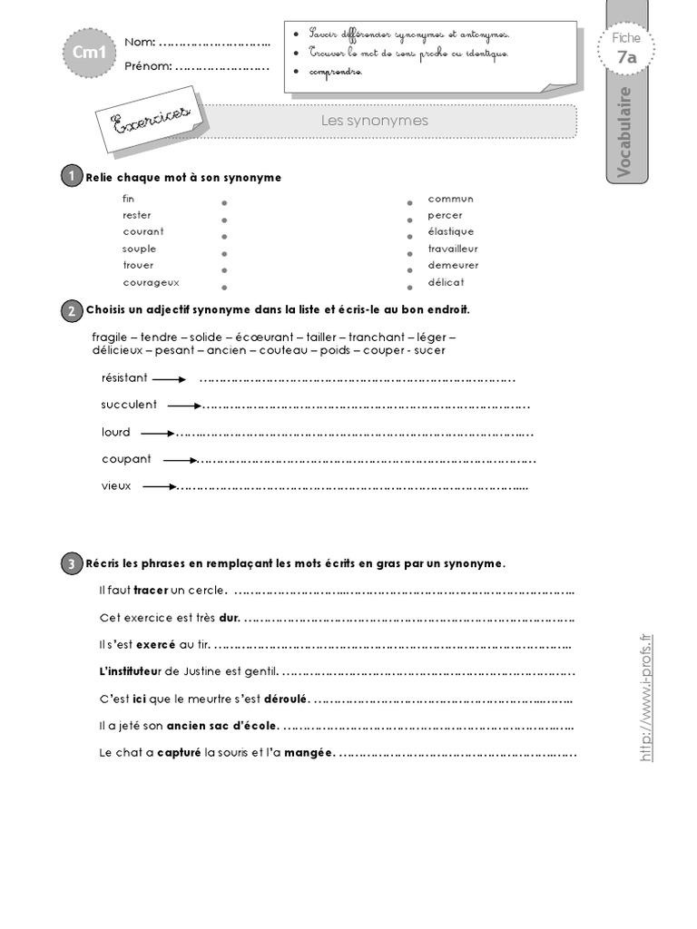 Les Synonymes Et Les Antonymes Exercices Pdf Cm1 cm1 Exercices Synonymes | PDF