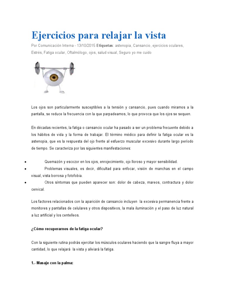 Ejercicios para aliviar la fatiga ocular | PDF | Ojo | Especialidades ...