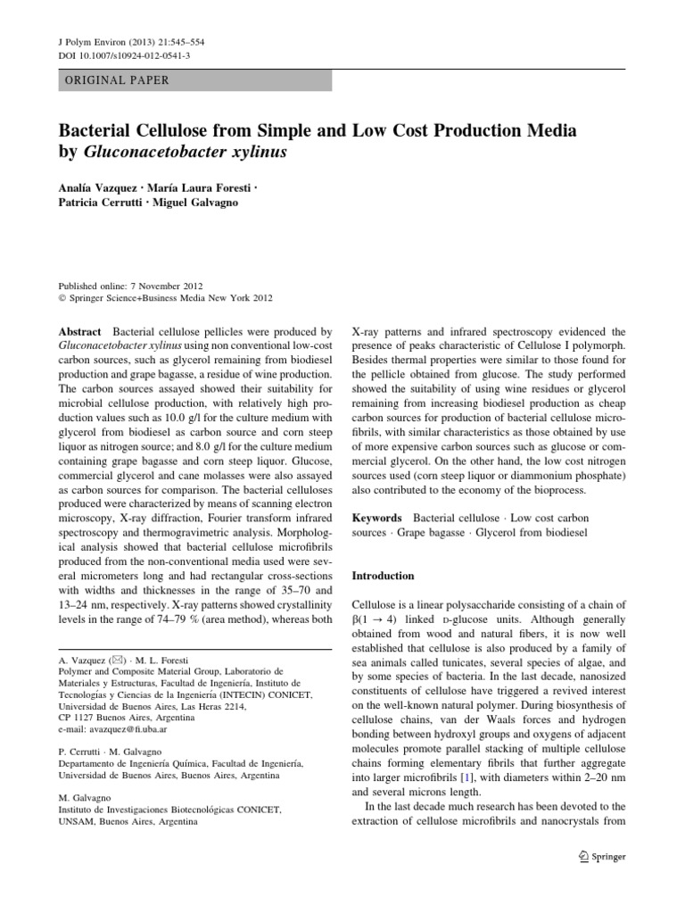 Bacterial Cellulose From Simple and Low Cost Production Media by ...