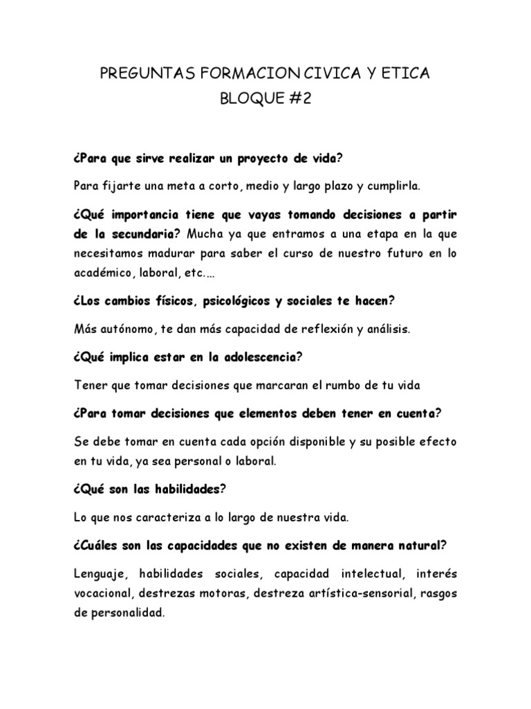PREGUNTAS FORMACION CIVICA Y ETICA BLOQUE