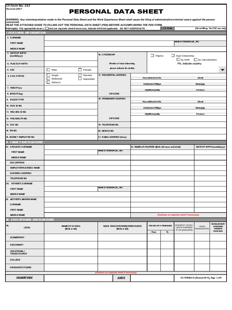 CS Form No 212 Personal Data Sheet (Editable) PDF Crimes Crime
