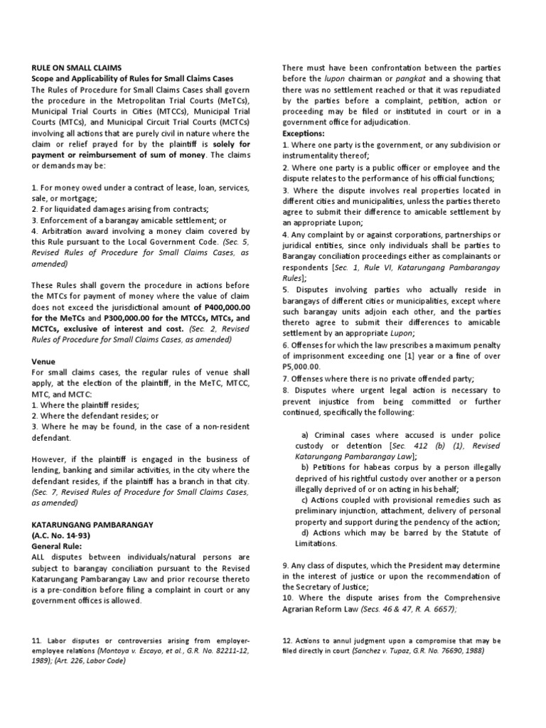 Revised Rules of Procedure For Small Claims Cases, As Amended) Rules