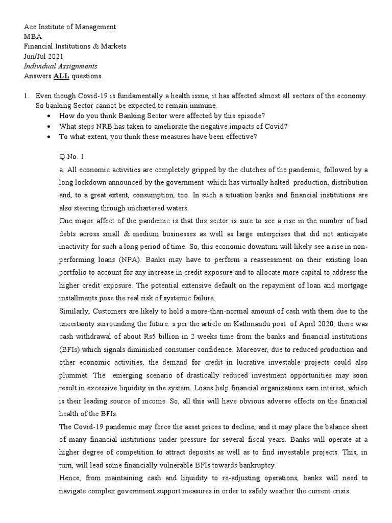 Individual Assignment Questions - FIM | PDF | Market Liquidity | Banks