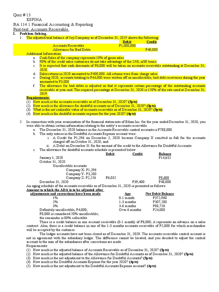 Quiz # 13 Post-Test Accounts Receivable | PDF | Bad Debt | Debits And ...