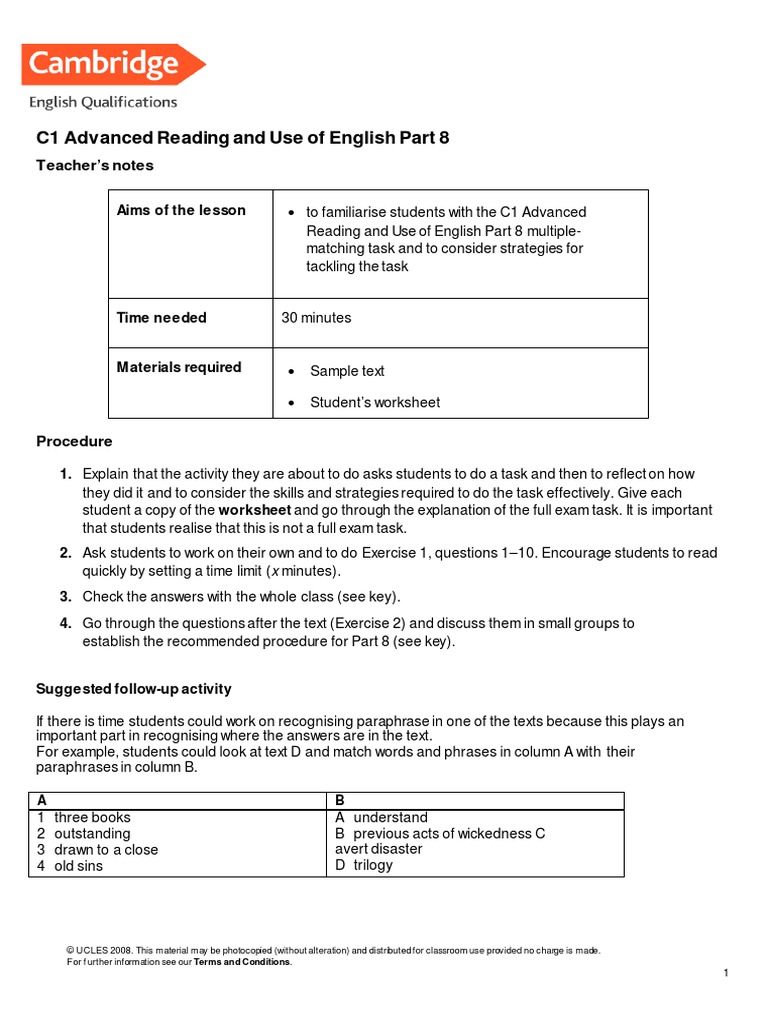 C1 Advanced Reading and Use of English Part 8: Teacher's Notes | PDF ...