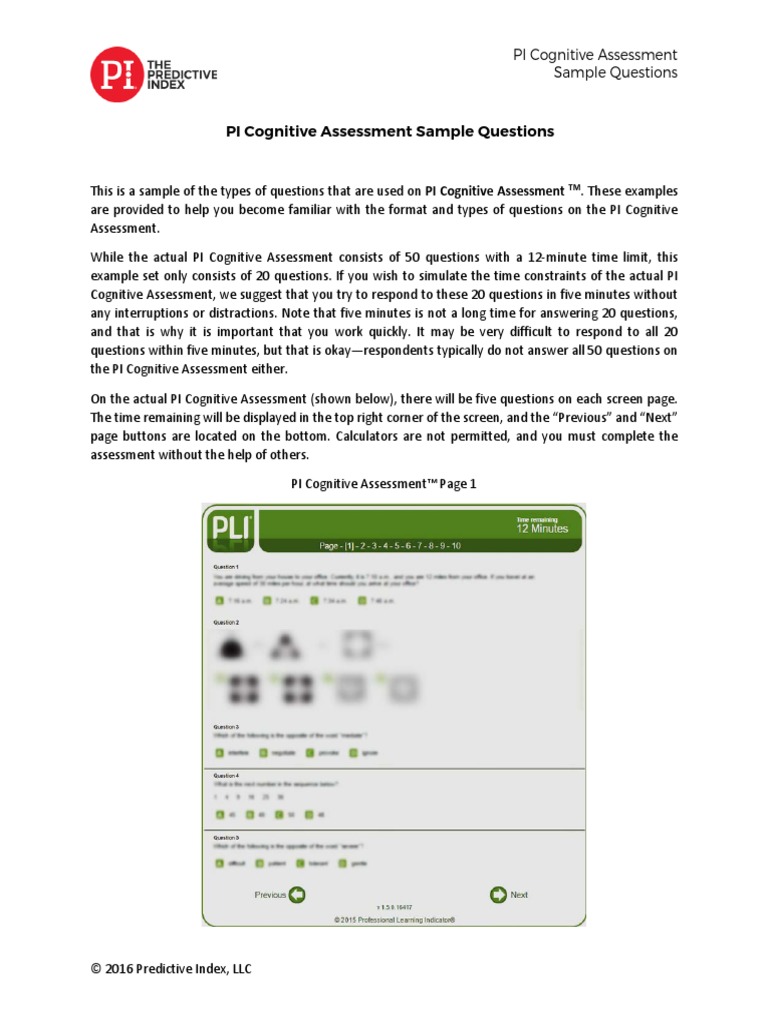 PI Cognitive Assessment Sample Questions PDF Cognition