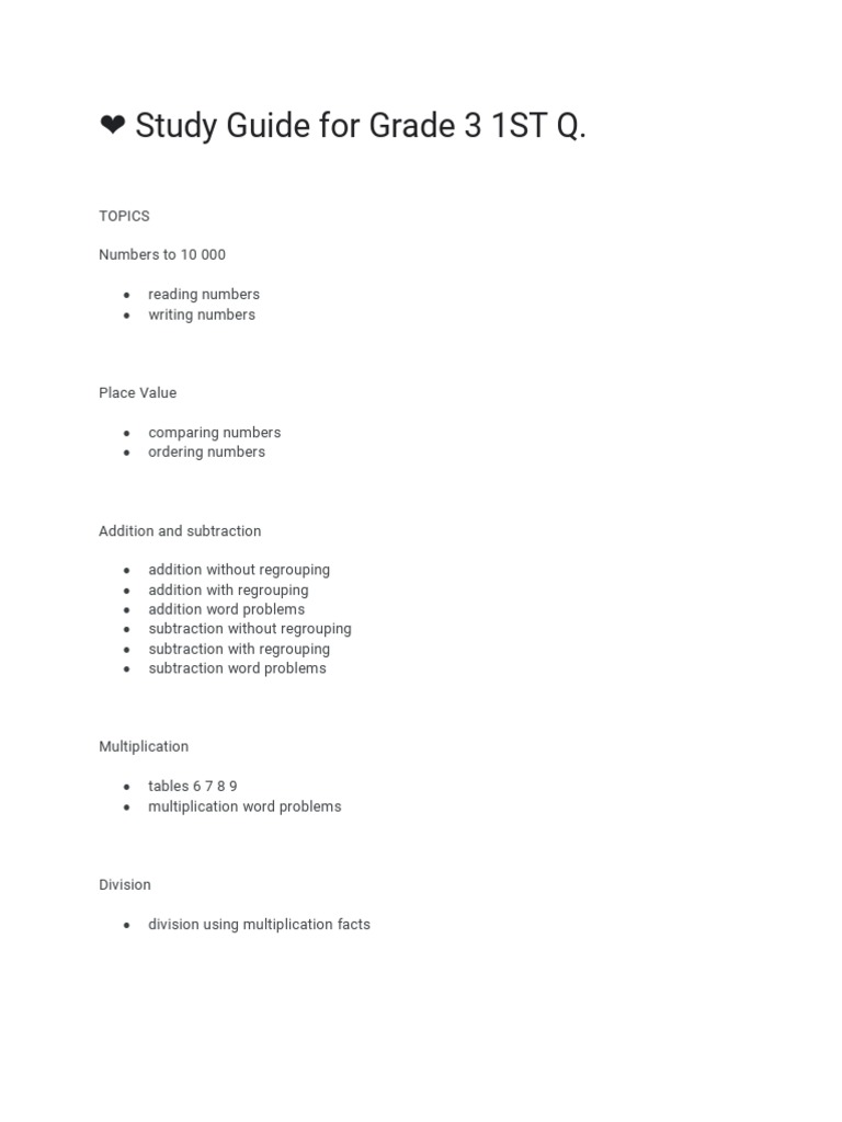 Grade 3 Math Study Guide Q1 | PDF | Language Arts & Discipline ...