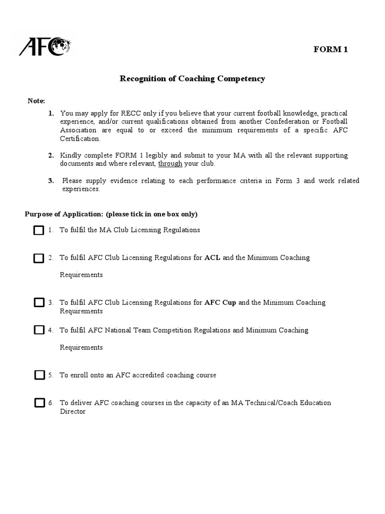 AFC Coaching Competency Application Form | PDF | Association Football