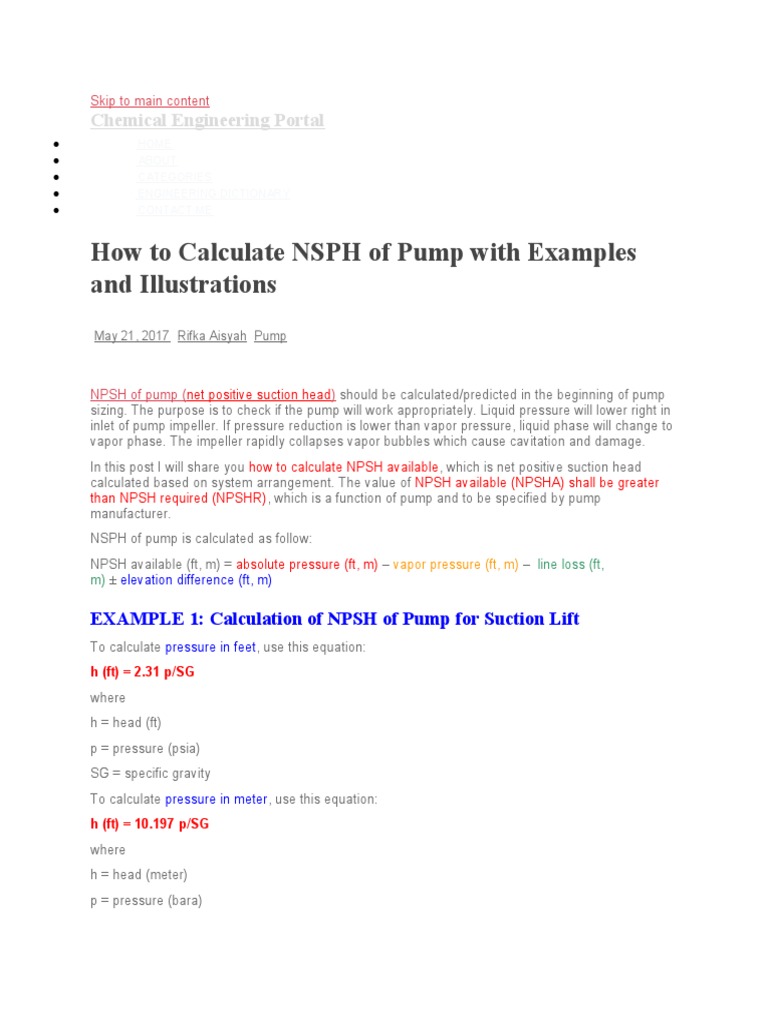 How To Calculate NSPH of Pump With Examples and Illustrations PDF
