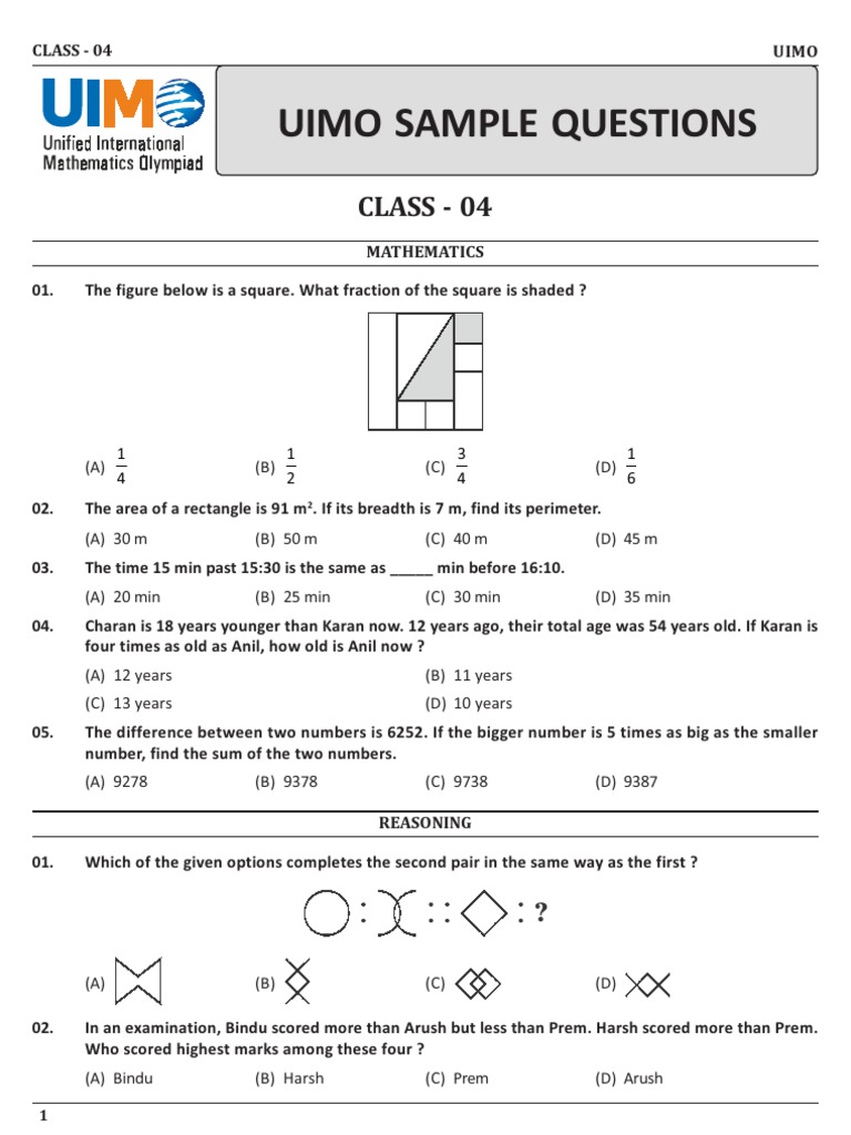 Class 4 Maths Olympiad Sample Paper | PDF | Area | Numbers