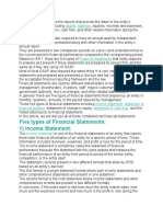 Five Types of Financial Statements: 1) Income Statement:: Assets Liabilities