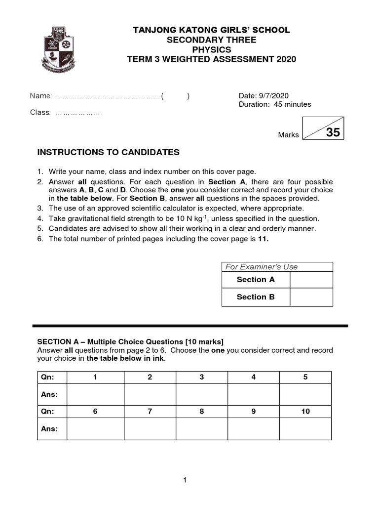 TKG Secondary 3 Physics Assessment 2020 PDF Force Acceleration