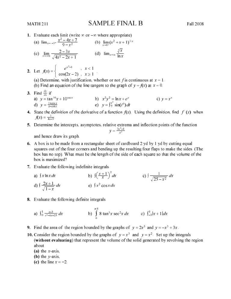 MATH 211 Fall 2008 Sample Final Exam | PDF | Analysis | Calculus