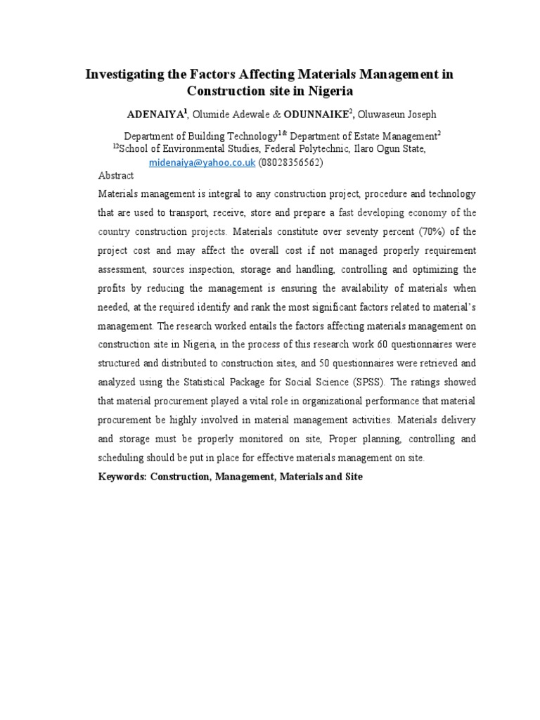 Factors Influencing Materials Management in Nigerian Construction | PDF ...