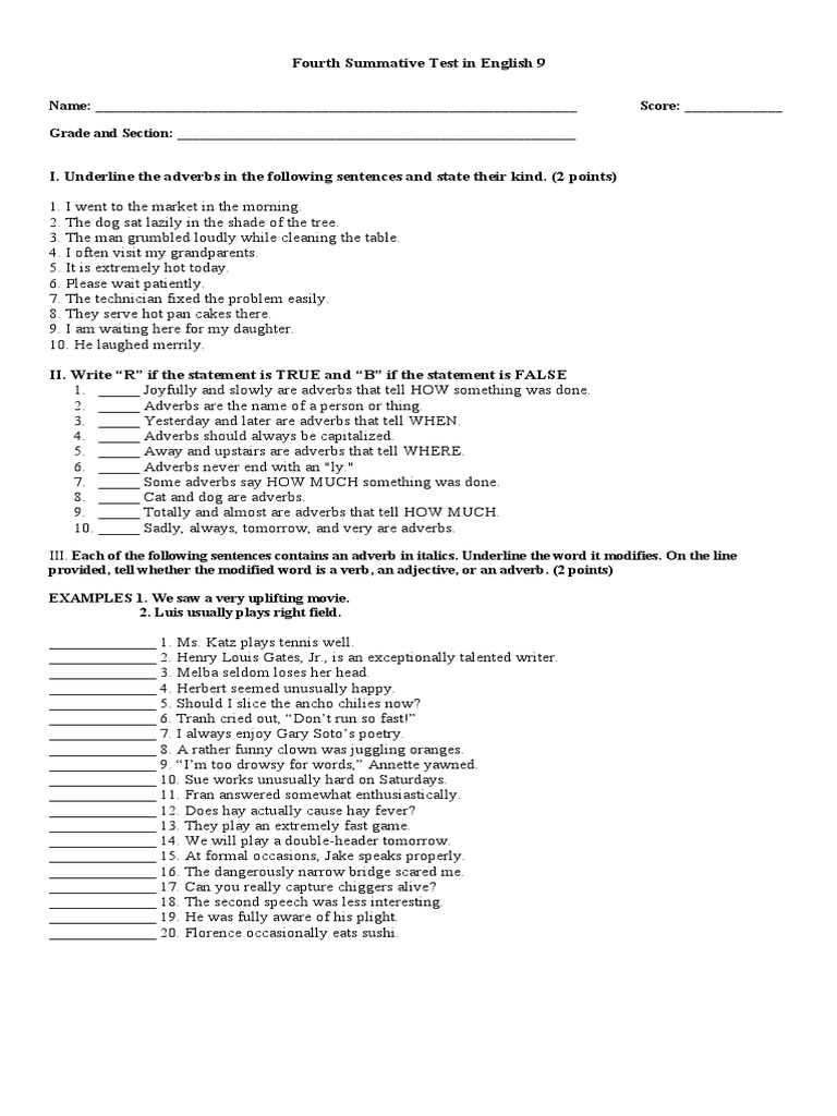 English 9 Adverb Assessment Test | PDF | Adverb | Adjective