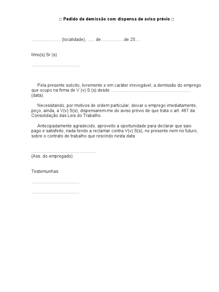  Pedido de demissão com dispensa de aviso prévio