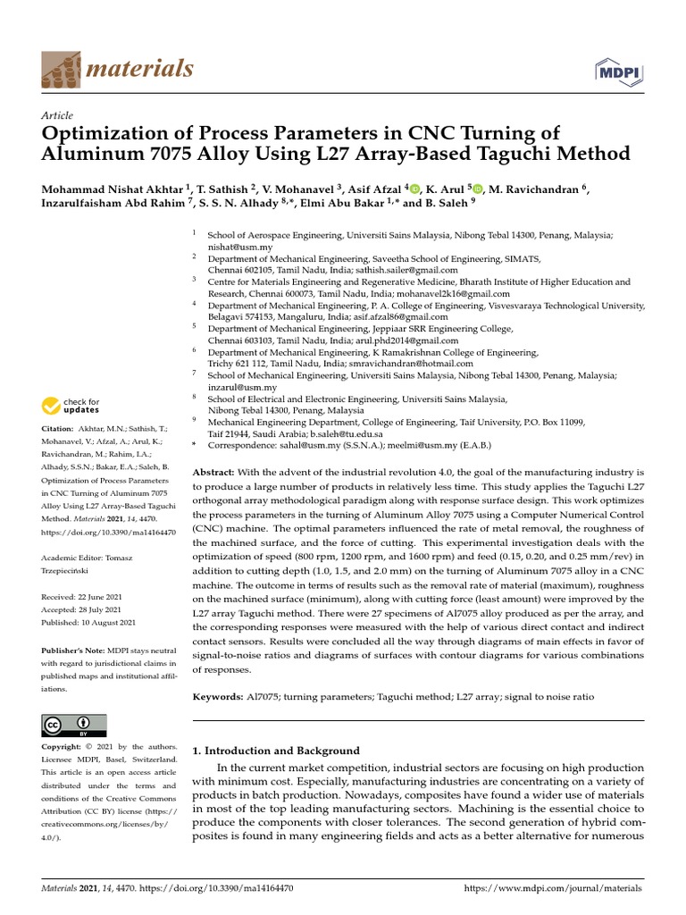 Materials: Optimization of Process Parameters in CNC Turning of ...