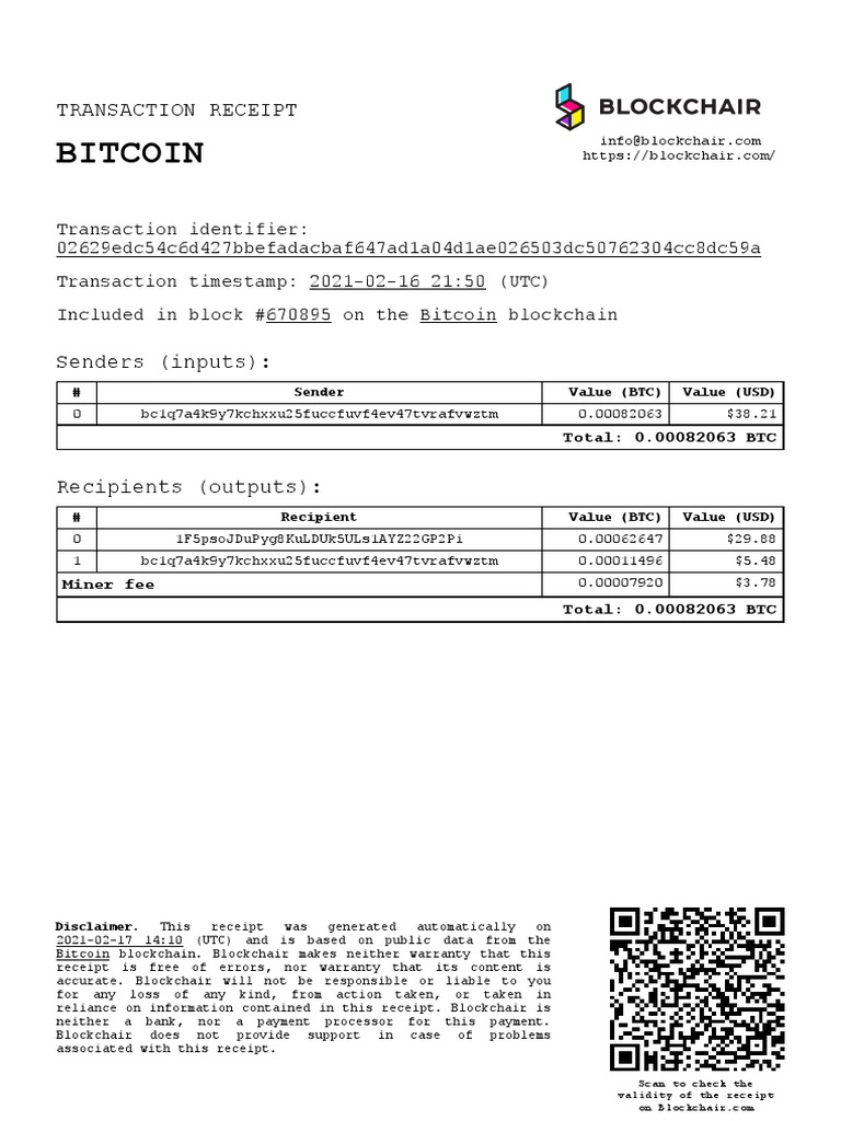 Bitcoin: Transaction Receipt | PDF